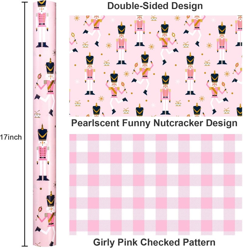Yarcony Reversible Nutcracker Wrapping Paper, Pink Christmas Wrapping Paper, Pastel Pearly-Lustre Nutcracker and Plaid Design Christmas Gift Wrap for Holiday, Party (Mini Roll, 17 Inch X 33 Feet) - Image 3